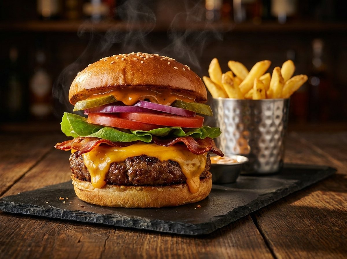 Stacked gourmet burger with bacon, cheddar and fries