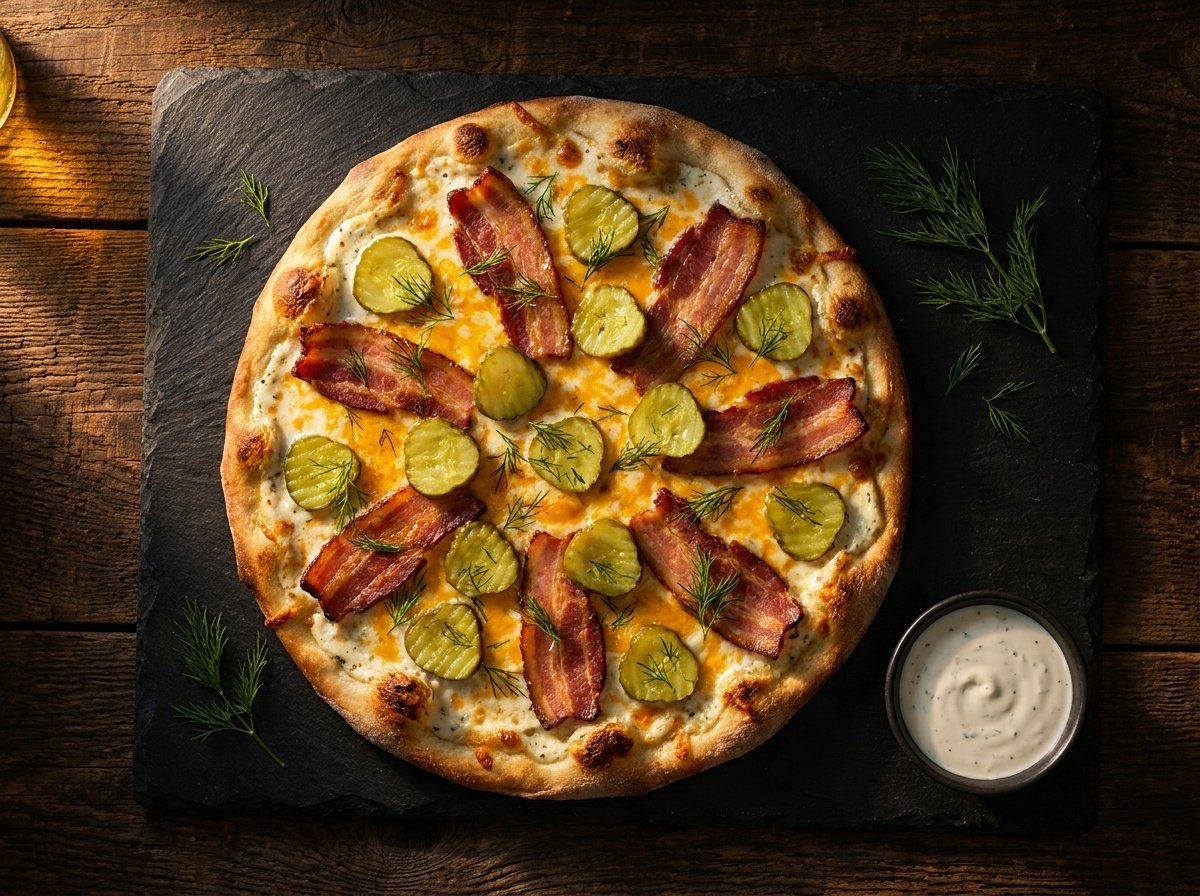 Dill pickle and bacon pizza